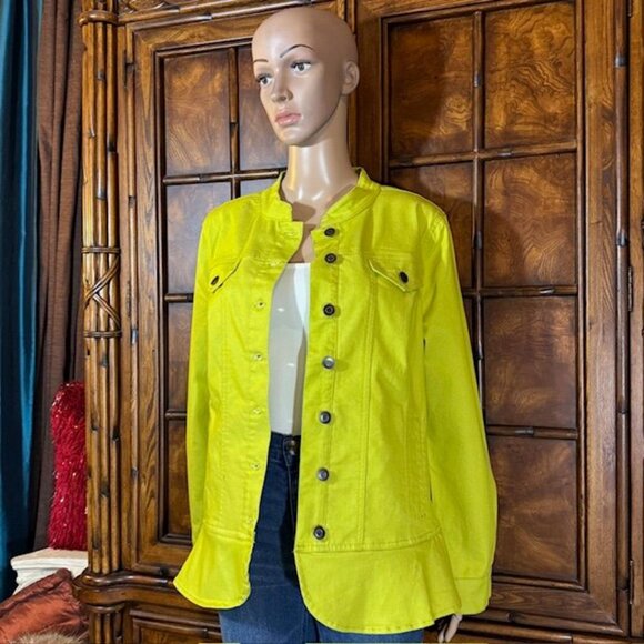 NWOT Nina Leonard Chartreuse Stretch Cotton Blend Peplum Hem Denim Jacket - Picture 2 of 10